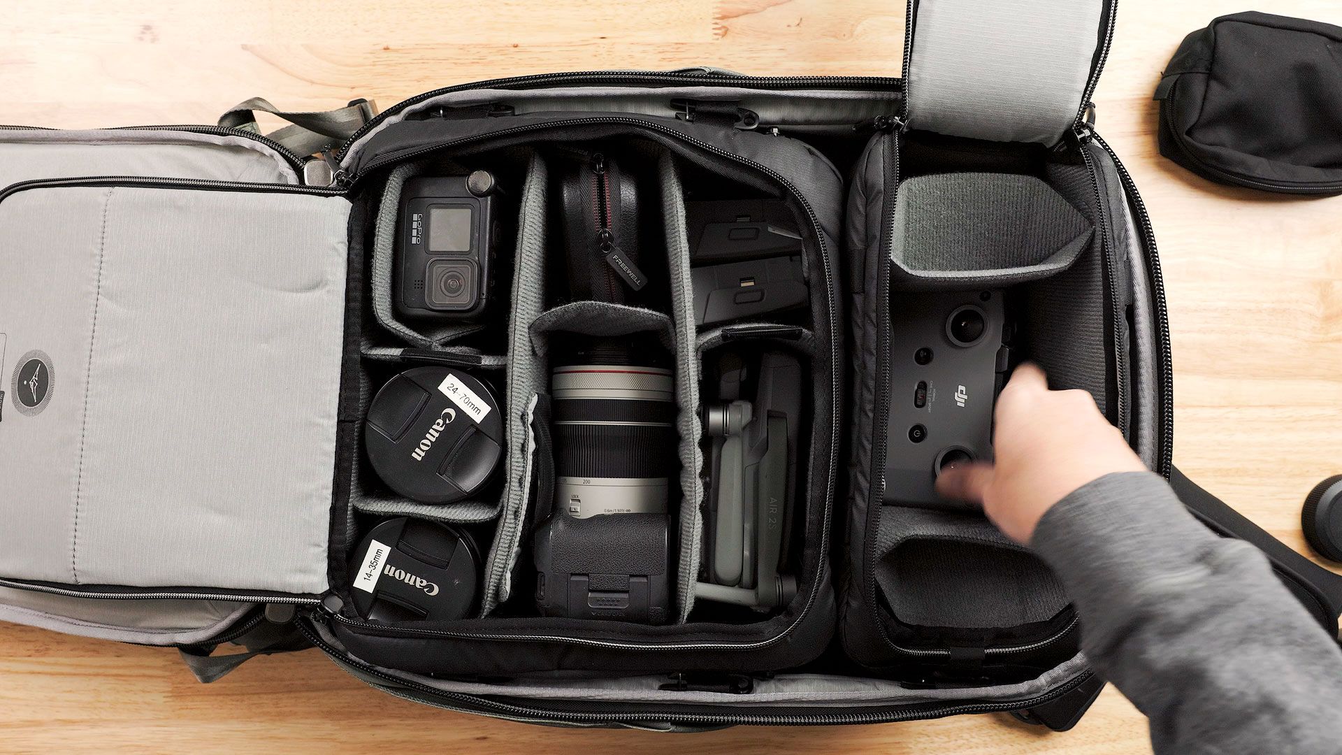 Peak Design camera cubes and gear in 45L Travel Backpack