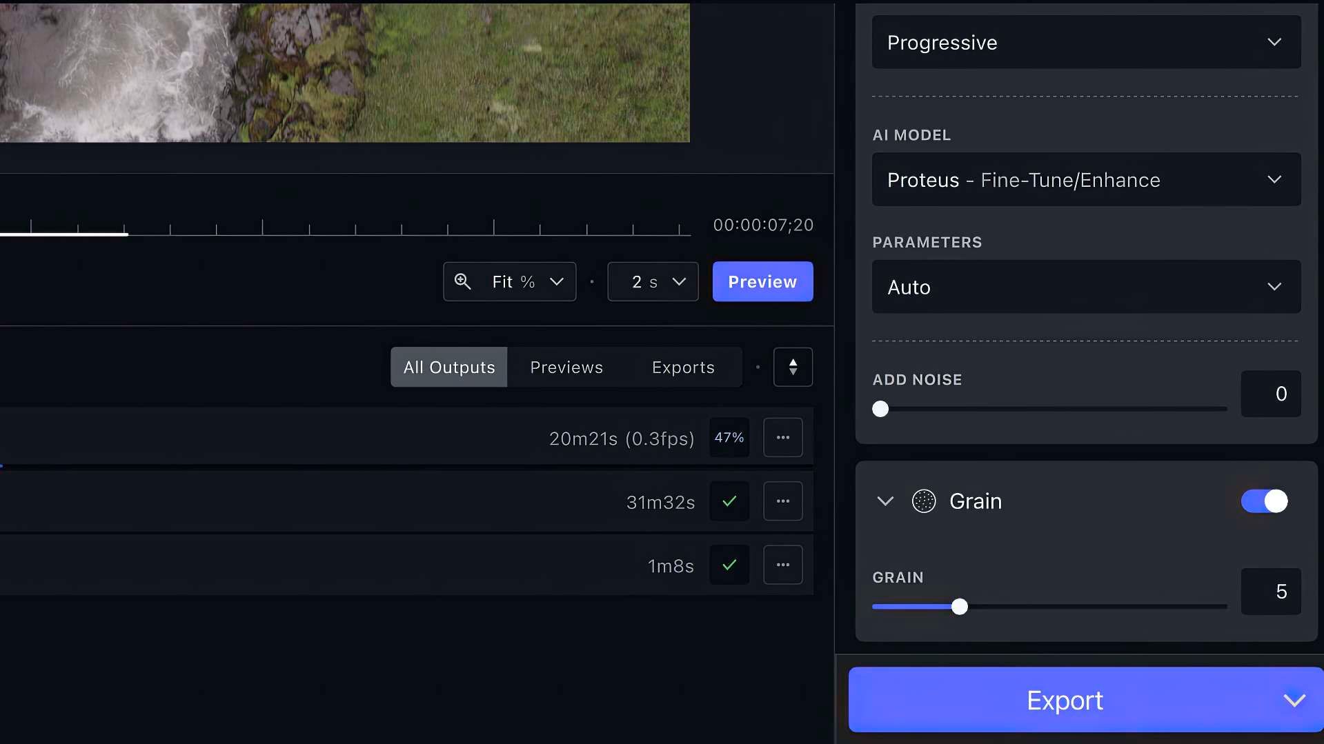 Preview and Export buttons in Topaz Video AI