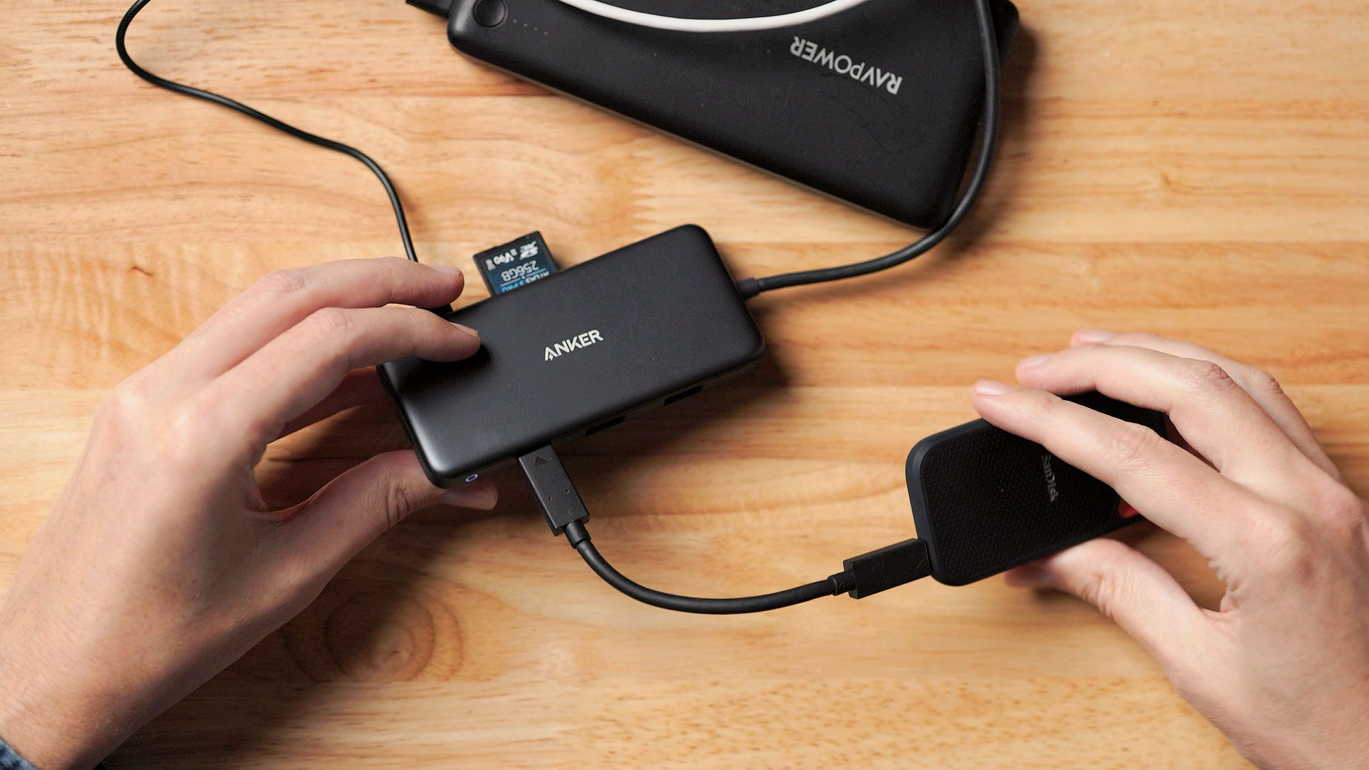 Anker USB-C dongle with portable charger, SD and SSD connected