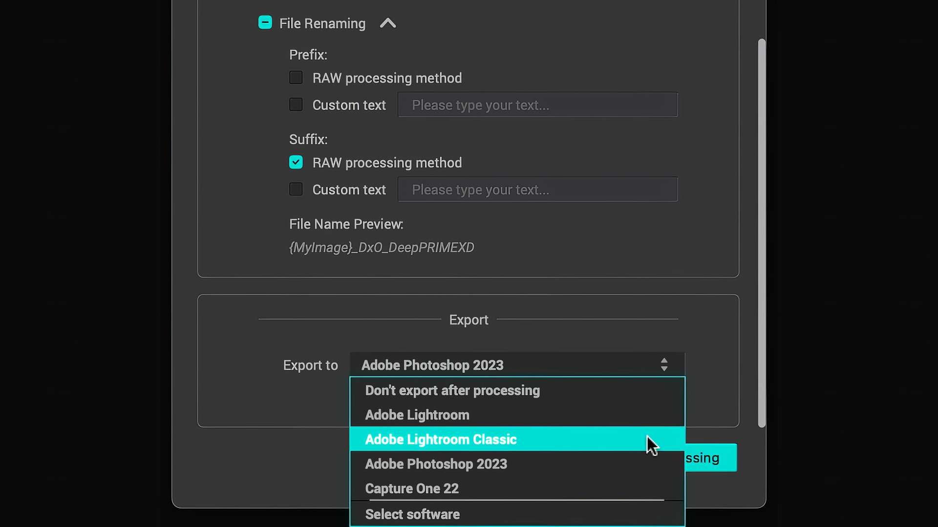 "Export to" options in PureRaw 3