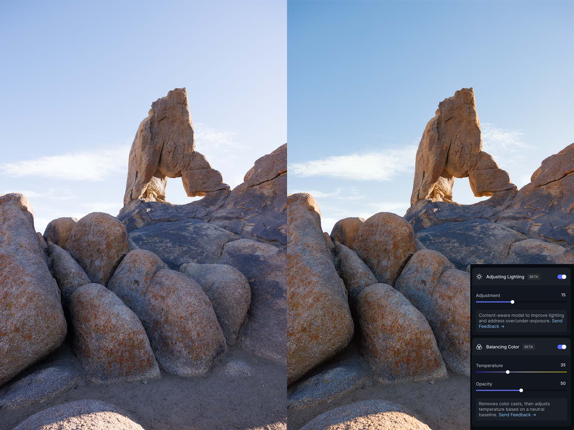 Before and after Adjust Lighting and Balance Color with custom adjustments in Photo AI v2