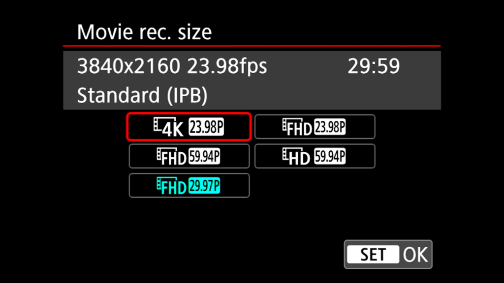 Canon M50 movie record size